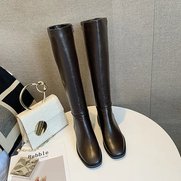 Xajzpa Winter Cotton Women Knee High Boots Fashion Zippers Ladies Elegant Low Heel Long Booties Soft Leather Women's Footwear